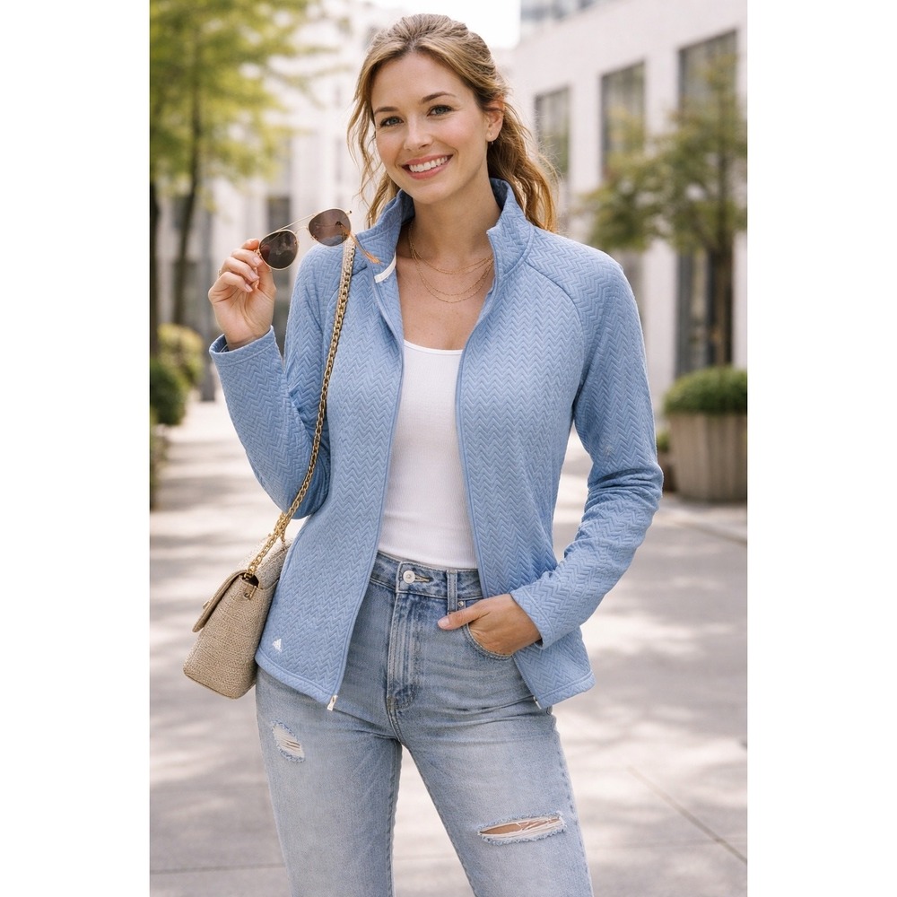 Adidas Women Large Blue Chevron Quilted Full Zip Jacket Mock Neck Athleisure